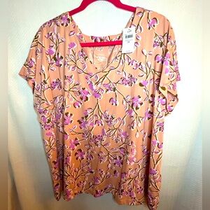 J Jill NEW Floral V-Neck LUXE Pleat back Women’s plus Top - Pink purple NWT 2X